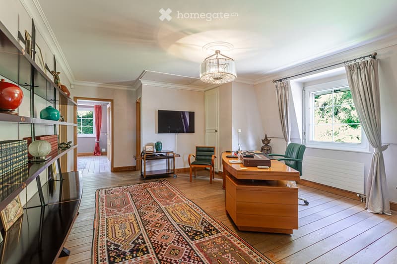 Elegant office space with wooden flooring, large windows, a chandelier, a desk with chairs, a bookshelf, and a television mounted on the wall.