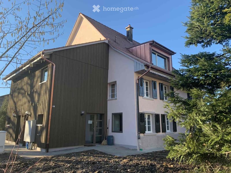 Two-story house with a combination of wooden and plaster facades, multiple windows, and a chimney. The house features a modern design with a mix of materials and is surrounded by greenery.