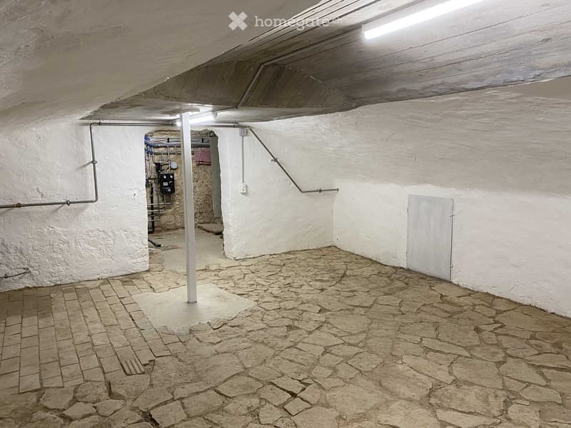 Empty basement space with stone flooring, white walls, exposed pipes, and a single door.