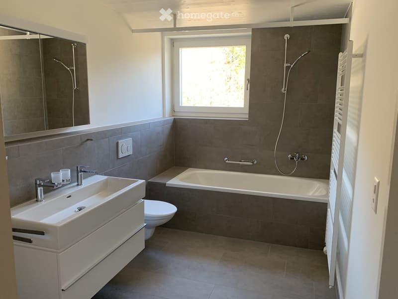 Modern bathroom with a large sink, bathtub, toilet, and a large mirror. The walls are tiled in a dark gray color, and there is a window providing natural light.