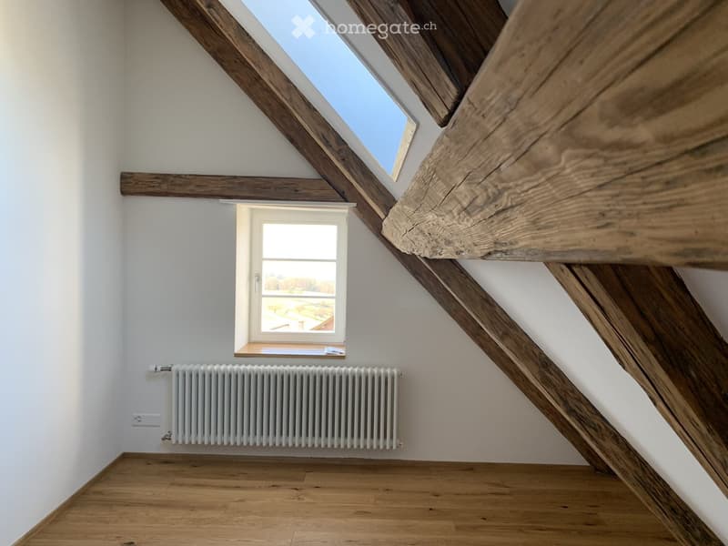 Empty attic room with wooden beams, skylight, wooden floor, radiator, and window with view.