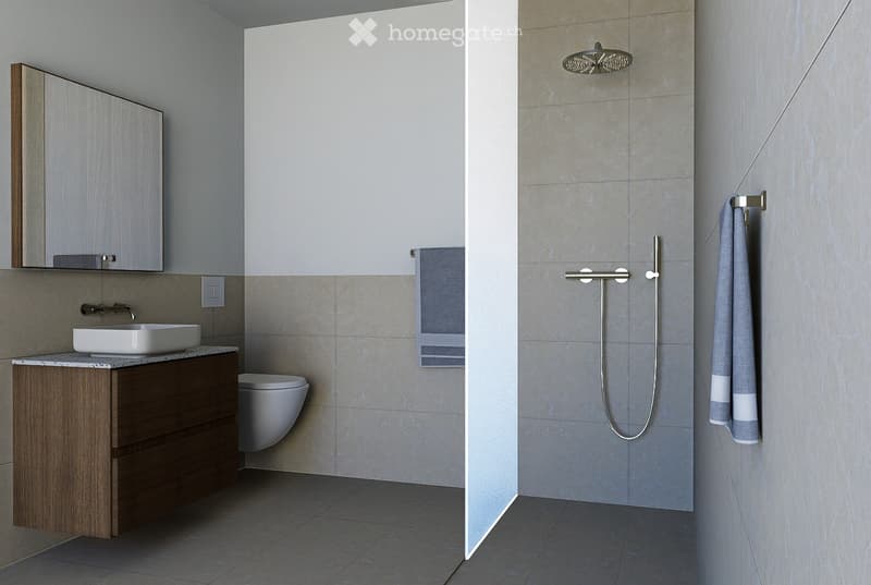 Modern bathroom with a wooden vanity, white sink, toilet, and a separate shower area with a handheld showerhead and towel.
