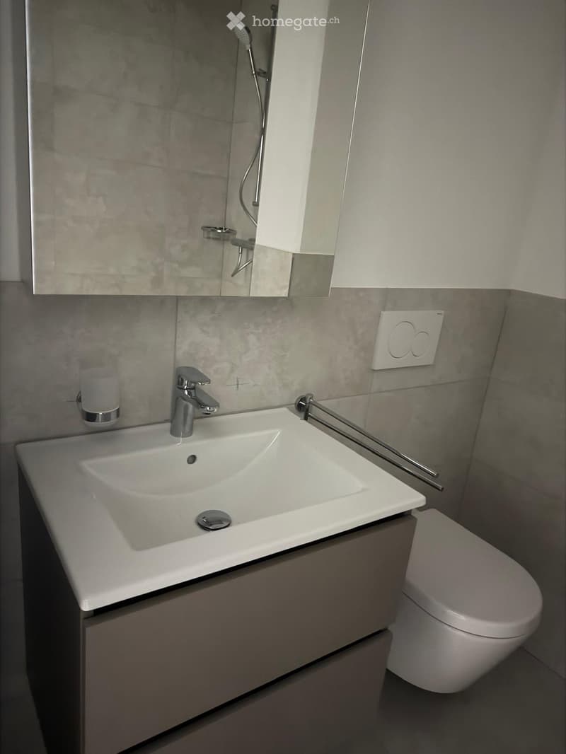 bathroom with toilet, mirror, faucet, power outlet