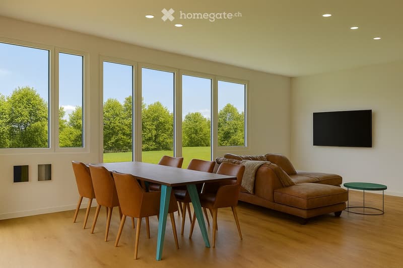 Modern living room with large windows, a brown leather sofa, a wooden dining table with chairs, and a flat-screen TV mounted on the wall.