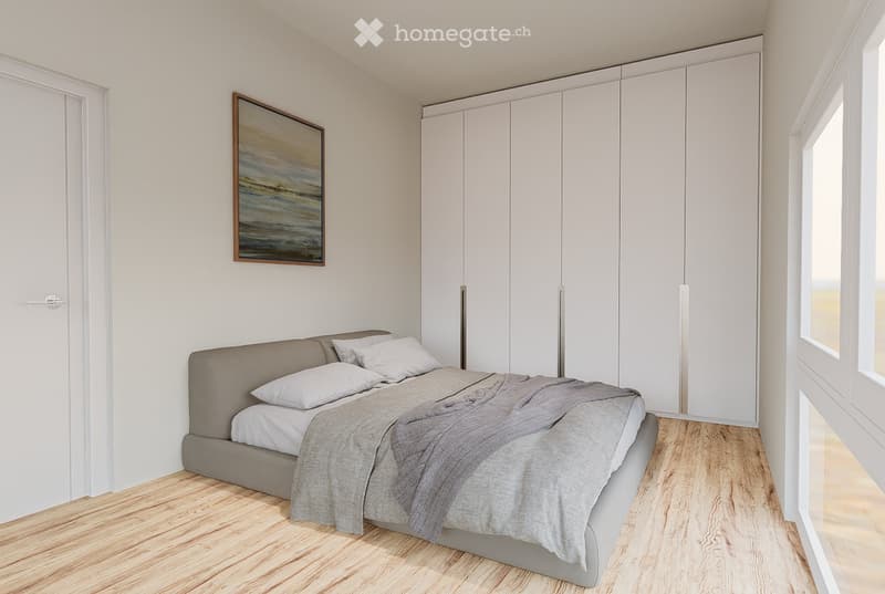 master bedroom with bed, 4 white pillows, grey bed, white wooden built-in wardrobes, modern decor