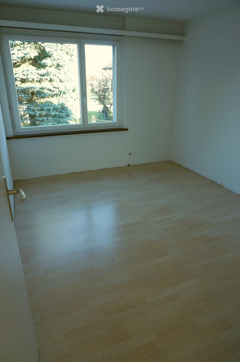 Empty room with light wooden flooring, white walls, and large windows with a view of trees outside.