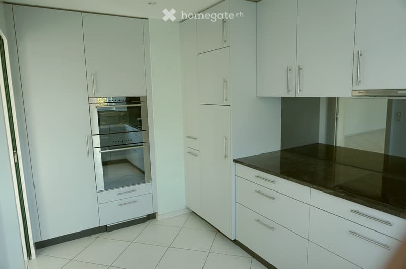 Modern kitchen with light grey cabinets, stainless steel oven, and black countertop.