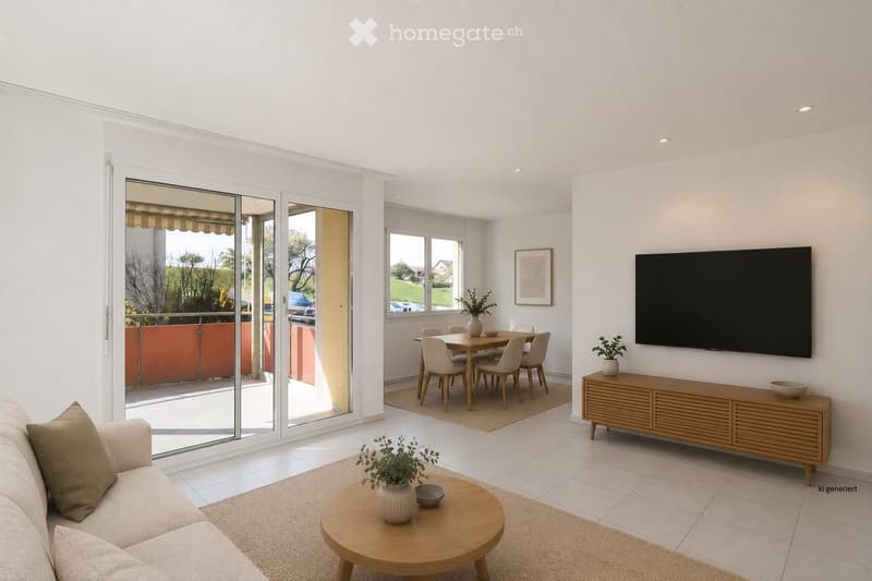 Bright, modern living and dining area with white walls, tiled floors, large sliding glass doors leading to a balcony, a sofa, coffee table, TV, dining table, and chairs.