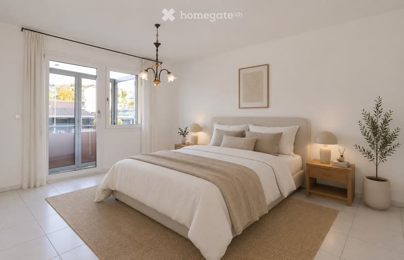 Modern bedroom with a large bed, nightstands, lamps, a plant, and a picture frame on the wall. The room features large windows with curtains and a chandelier hanging from the ceiling.