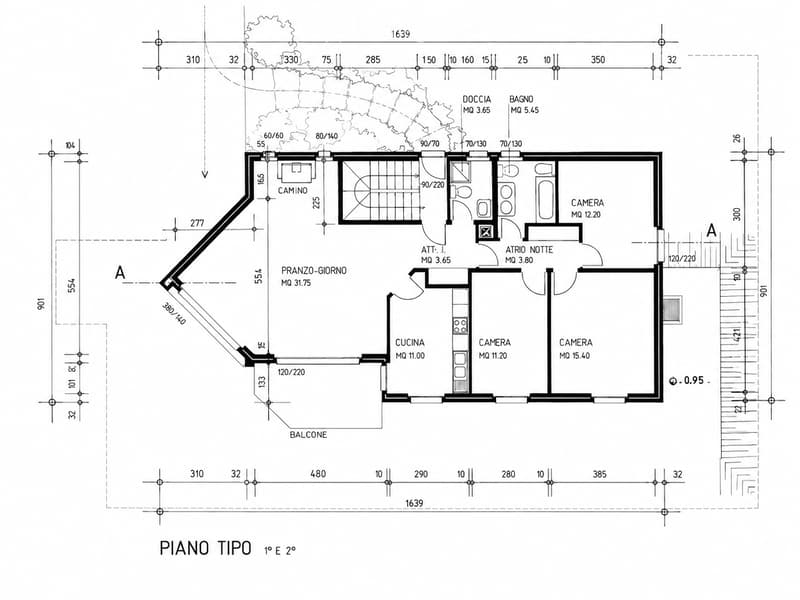 Floor plan of a two-story apartment layout, including living room, kitchen, three bedrooms, two bathrooms, and a balcony.