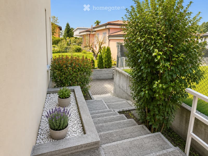 A modern garden area with a paved pathway, potted plants, and surrounding greenery, leading to a grassy lawn and neighboring houses.