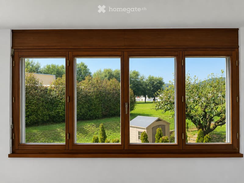 A large wooden window frame with four panes, offering a view of a well-maintained garden with trees, shrubs, a small shed, and a clear blue sky.