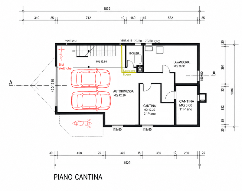 Floor plan of a basement level showing a garage, storage area, boiler room, and utility space. Includes labeled dimensions and room names such as "Autorimessa" (garage), "Cantina" (cellar), and "Lavanderia" (laundry room).