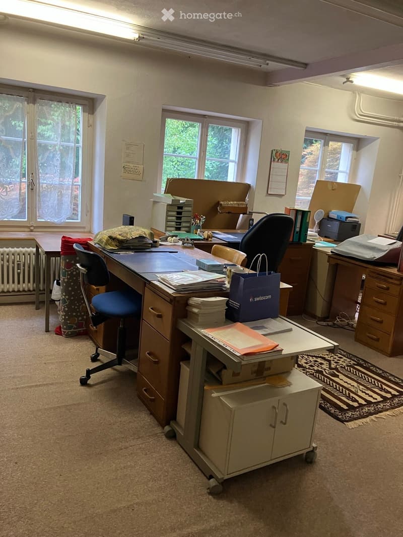 Office space with desks, chairs, cabinets, printer, radiator, and a handbag on the floor.