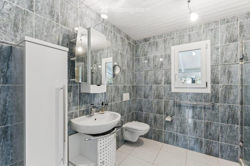 Modern bathroom with grey marble tiles, white sink, toilet, and mirrored cabinet.