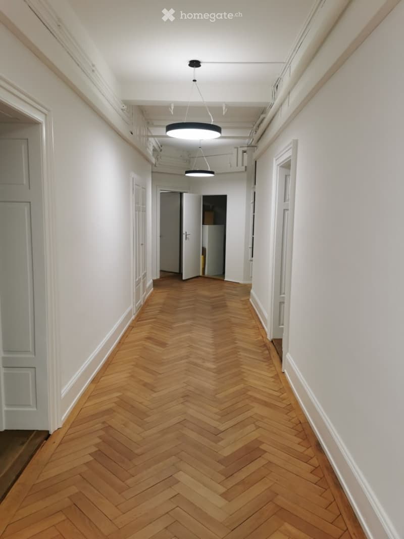 long hallway, wooden herringbone flooring, white walls, two hanging lamps, doors on both sides