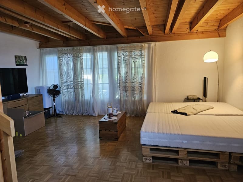 Cozy bedroom with wooden beams on the ceiling, two single beds, a small table with a fan, a television on a wooden cabinet, and a floor lamp.