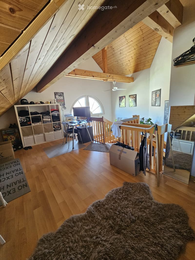 Attic room with wooden beams, slanted ceiling, wooden floor, desk with computer, shelf, and a furry rug on the floor.
