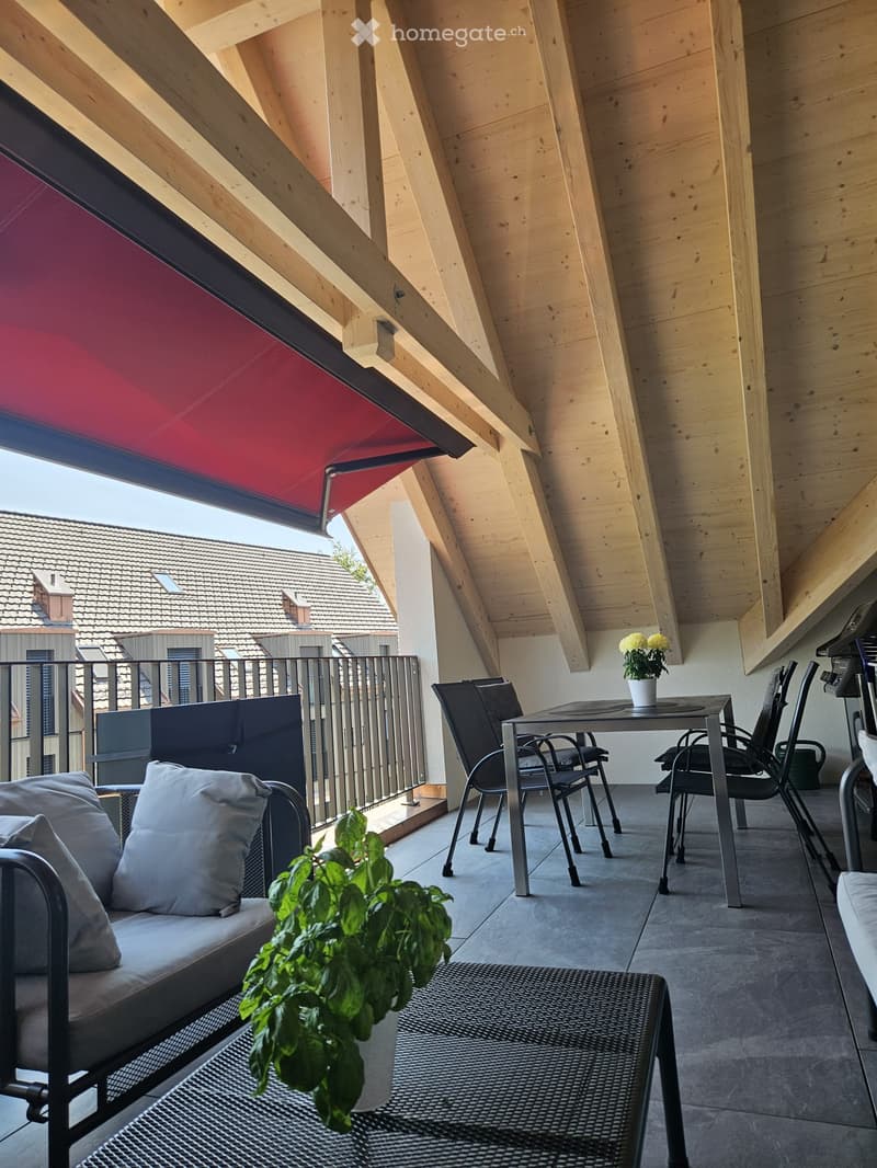 Balcony with wooden slanted ceiling, grey sofa, dining table, chairs, and potted plants.