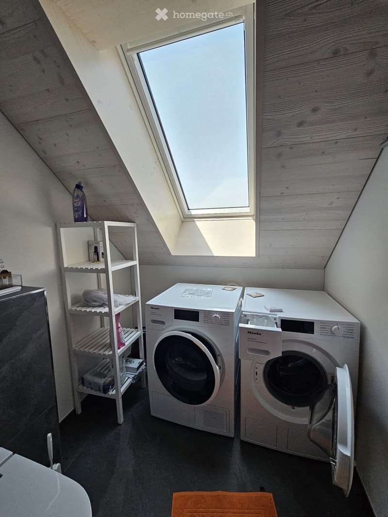 A small, well-lit room with a skylight, containing a washing machine, a dryer, and a shelf with various items.
