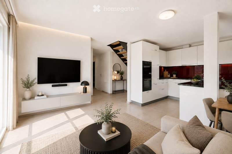 Modern open-plan living and dining area with a sofa, coffee table, TV, kitchen with white cabinets and an oven, and a dining table with chairs.