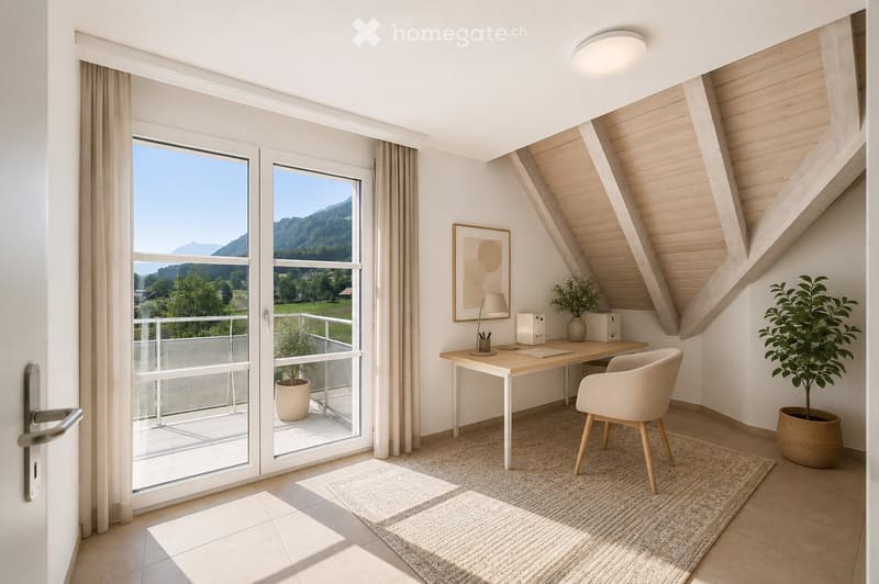 Bright, modern room with large windows offering a scenic mountain view, featuring a wooden desk, a white chair, a lamp, a potted plant, and a picture frame on the wall.