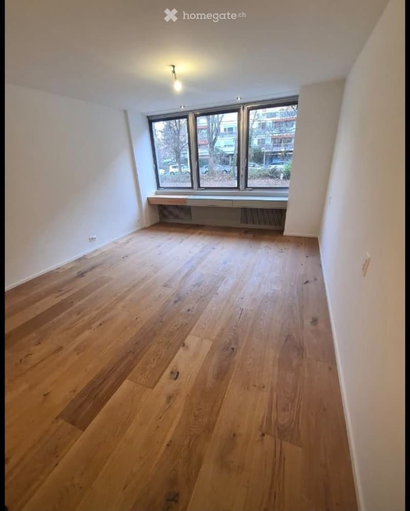 Empty room with wooden flooring, white walls, large window with radiator below, and recessed lighting.