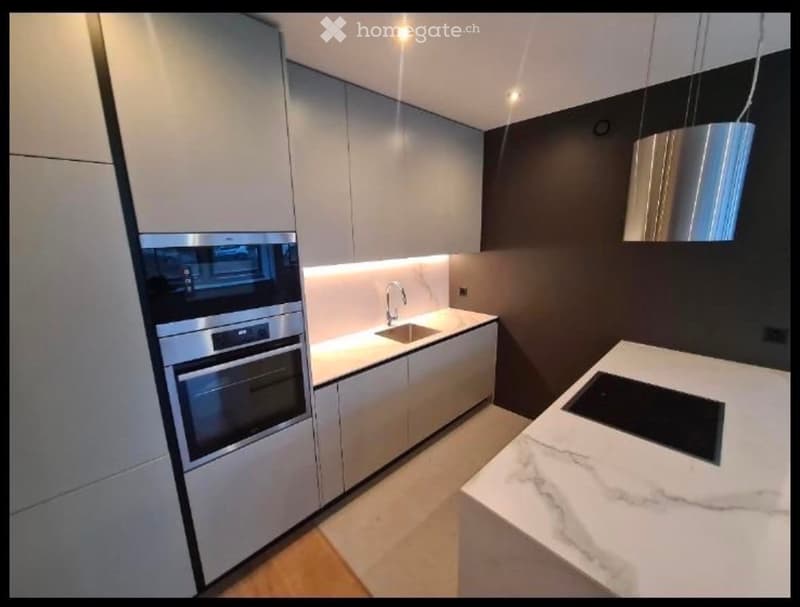 Modern kitchen with white cabinets, marble countertop, induction cooktop, stainless steel oven, and pendant lighting.