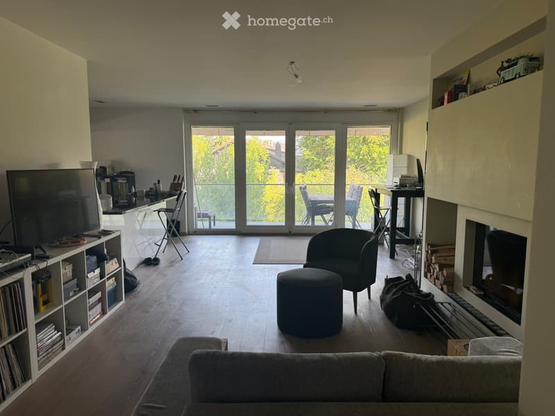 Modern living room with wooden flooring, large sliding glass doors leading to a balcony, a fireplace, a sofa, a stool, a chair, a shelf, and a screen.