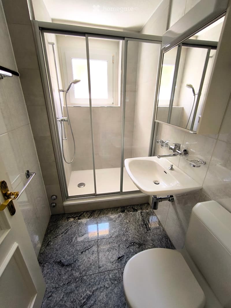Modern bathroom with a toilet, sink, and shower area. Features granite flooring, a glass-enclosed shower, and a modern faucet.