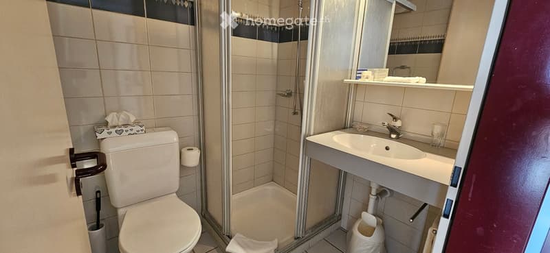 Modern bathroom with a toilet, sink, mirror, and glass shower stall. Includes a towel, toilet paper, and a trash bin.