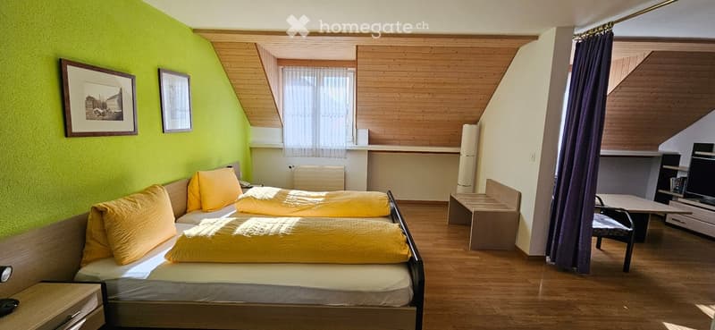 Bright bedroom with two single beds, wooden floor, slanted wooden ceiling, and a TV area with a chair and table.