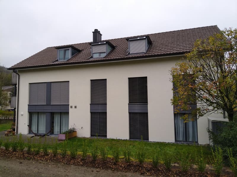 Two story house, white walls, brown roof, large windows, chimney, garden, raised ground floor, surrounded by plants and trees.