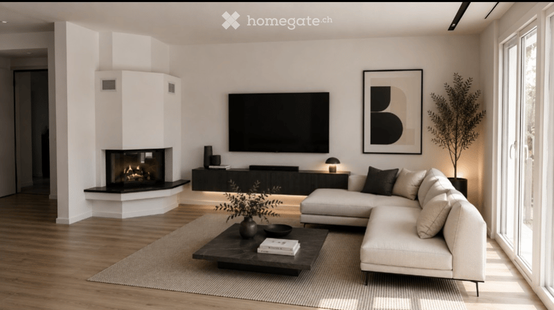 Modern living room with a white sectional sofa, dark coffee table, fireplace, flat-screen TV, and decorative plants.