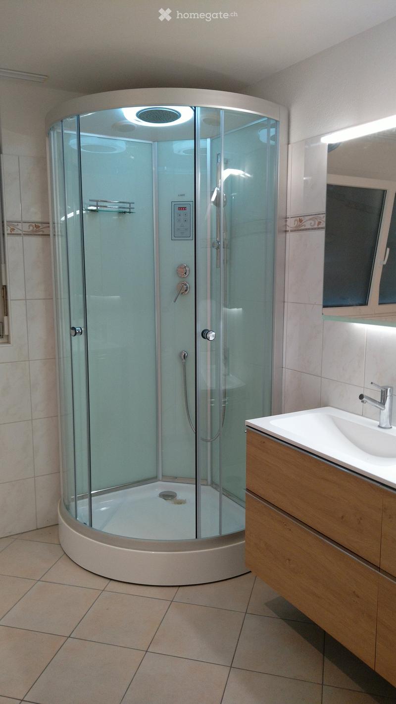 Modern bathroom with a round glass-enclosed shower stall, a white sink with a chrome faucet, and wooden cabinetry.