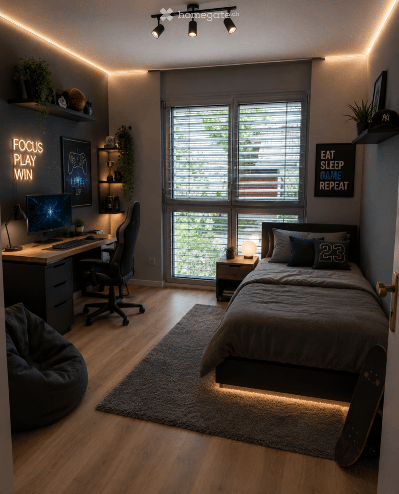 Modern bedroom with a large bed, desk setup, gaming chair, and a cozy beanie chair. Features built-in shelves with plants and decor, large windows with blinds, and a skateboard leaning against the wall.