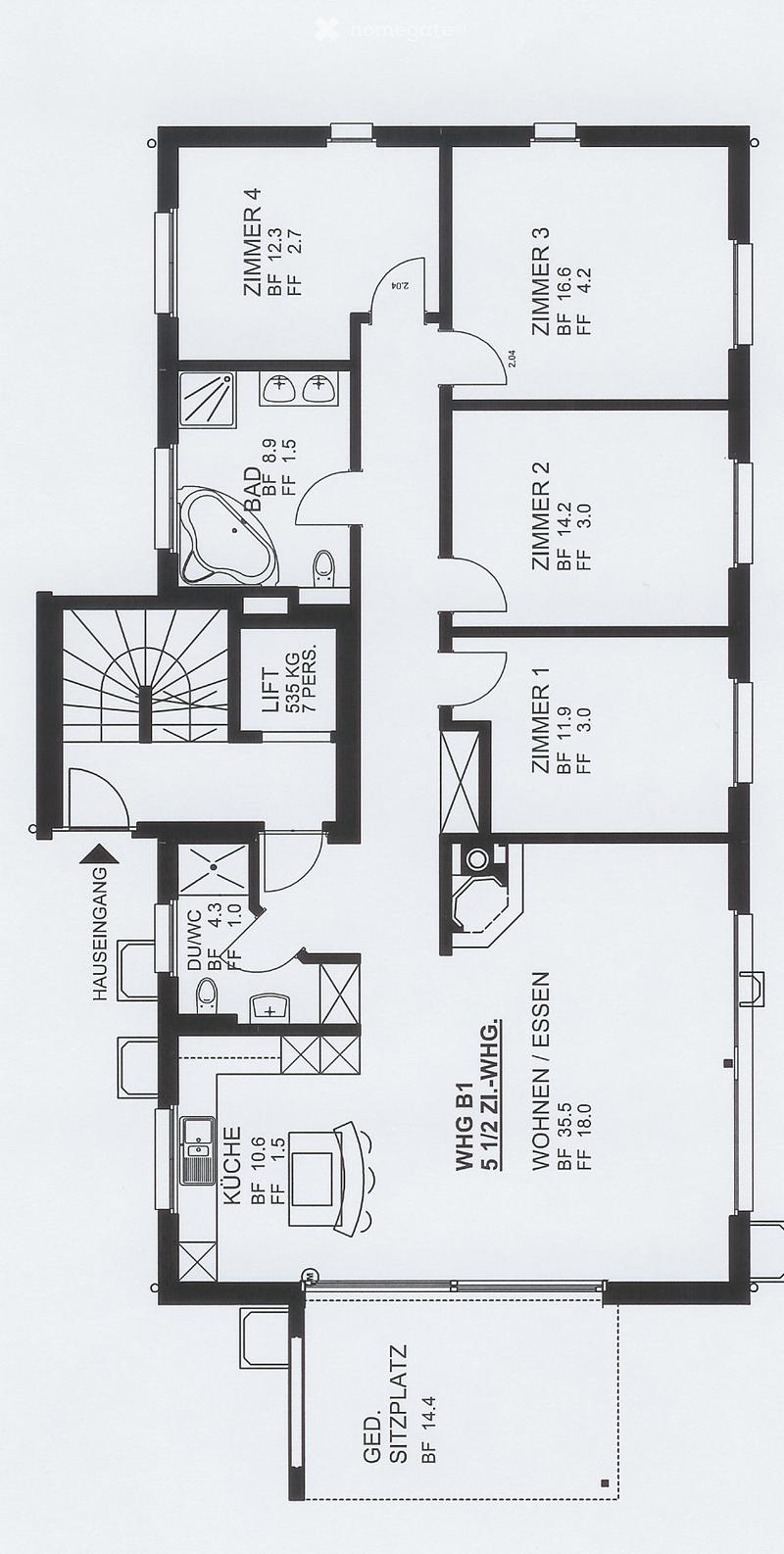 Floor plan of a residential unit with five rooms, including a kitchen, living/dining area, three bedrooms, and a bathroom. Features include a hallway, elevator, and a balcony.