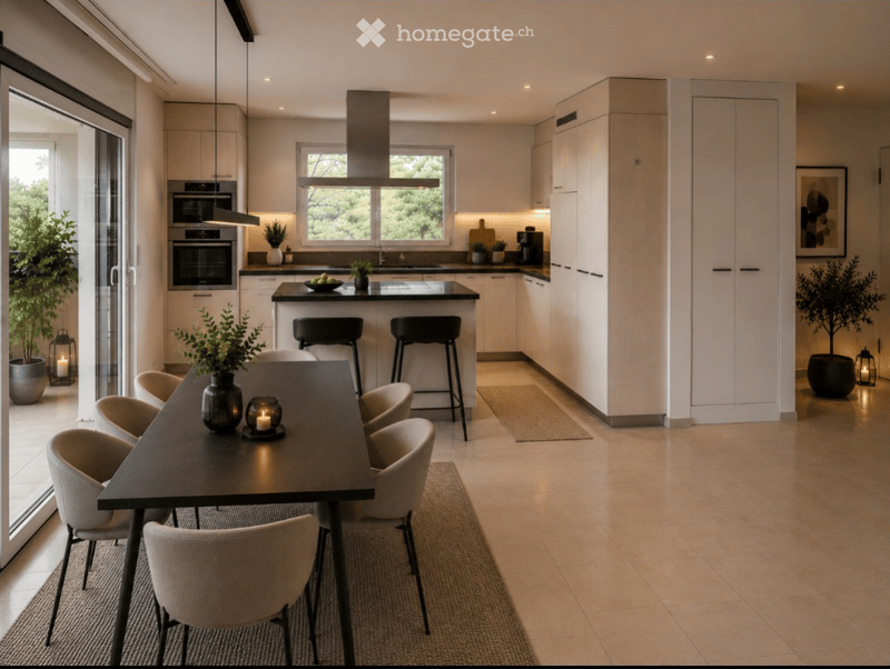 Modern kitchen with white cabinets, a central island, and a dining area. Features include a black dining table with six chairs, a stove, oven, microwave, and various decorative items like potted plants and candles.