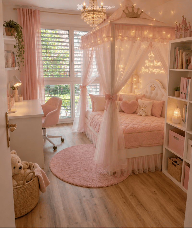 A well-decorated bedroom with a pink theme, featuring a bed with a canopy, a round pink rug, a pink chair, a desk with a lamp, a bookshelf, and decorative items including a teddy bear and a chandelier.
