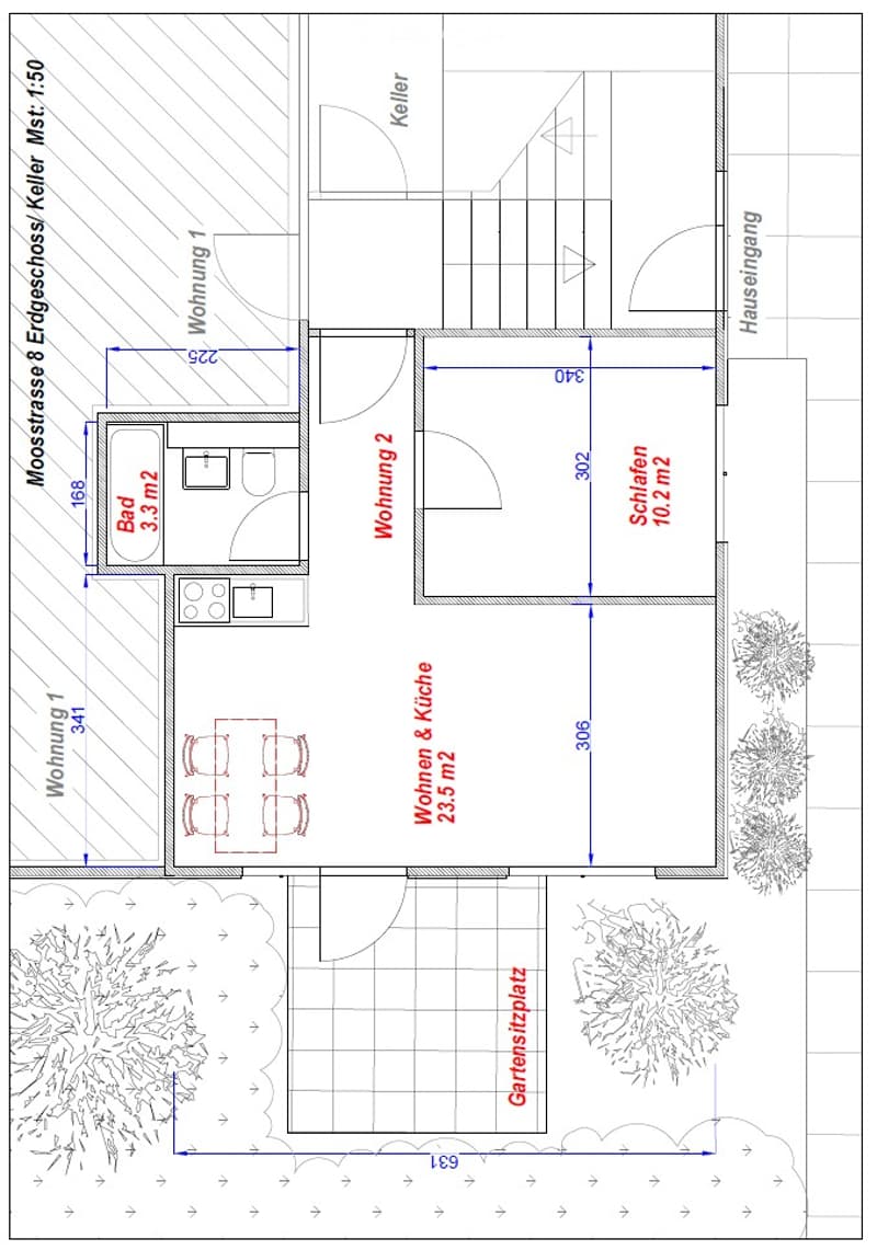 Floor plan of a two-story house with four apartments, including living spaces, bedrooms, kitchen, and a garden area.