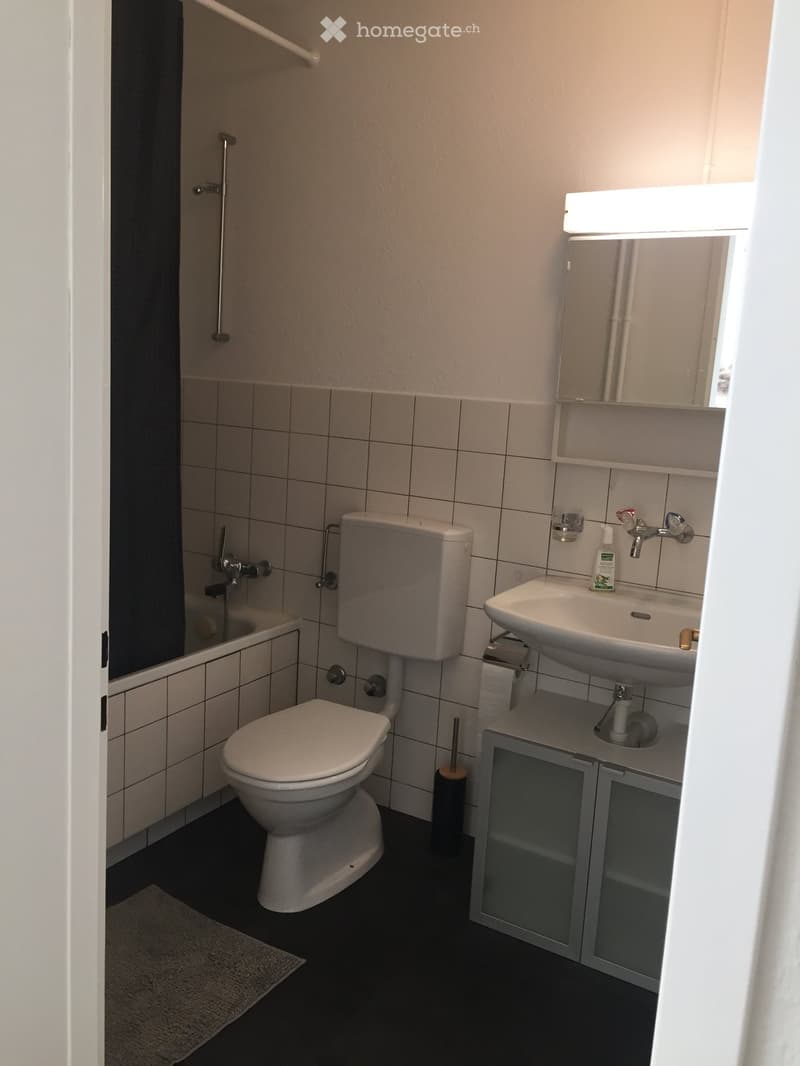 Modern bathroom with white tiles, a toilet, a sink with a mirror, and a small cabinet. The floor is dark, and a small rug is placed in front of the toilet.