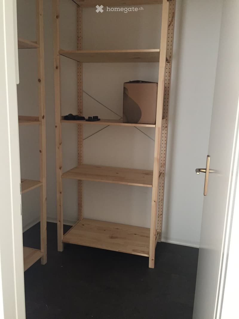 Empty wooden shelving unit in a room with white walls and dark flooring. Shelves are mostly empty, with a few small items on one shelf.