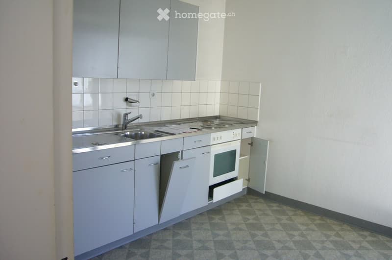 Modern kitchen with grey cabinets, stainless steel sink, oven, and tiled backsplash.