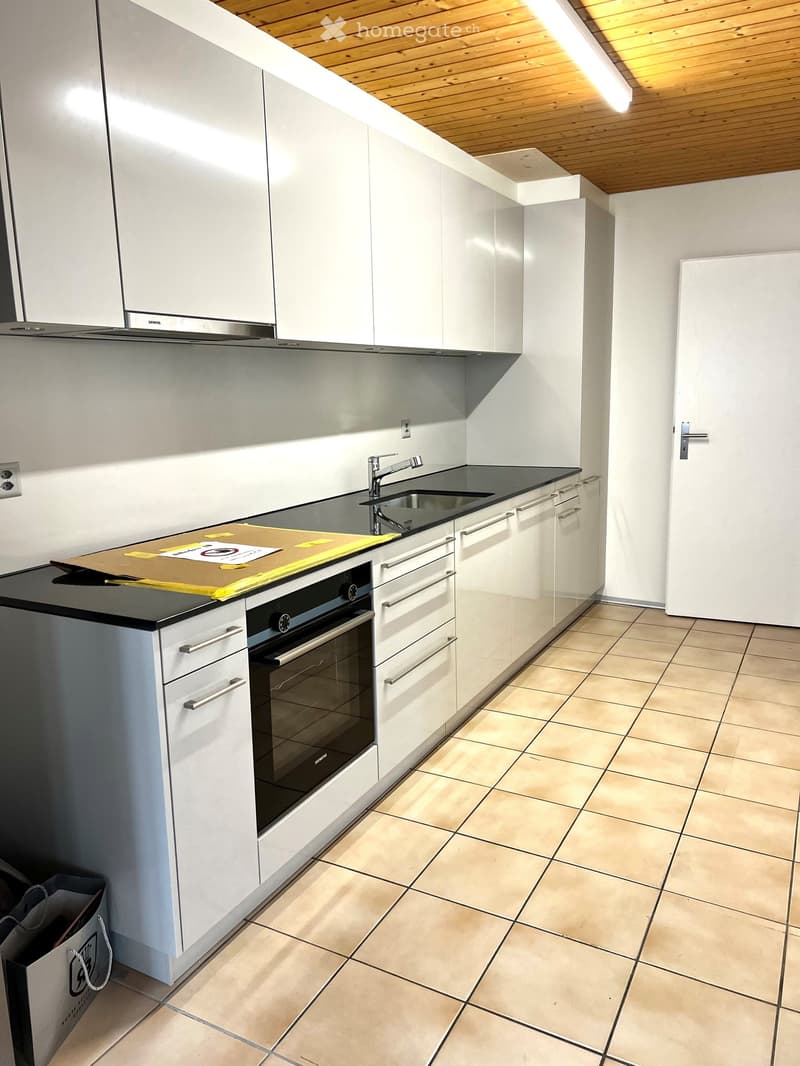 Modern kitchen with stainless steel appliances, ceramic tiles, and a wooden ceiling.