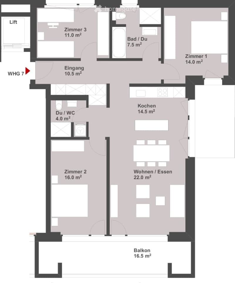 Floor plan of a 2-room apartment with a kitchen, living/dining area, two bedrooms, two bathrooms, and a balcony.