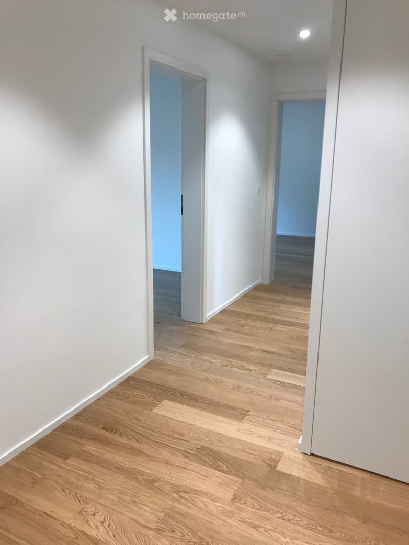 Empty hallway with light wooden flooring and white walls, featuring two open doorways leading to other rooms.
