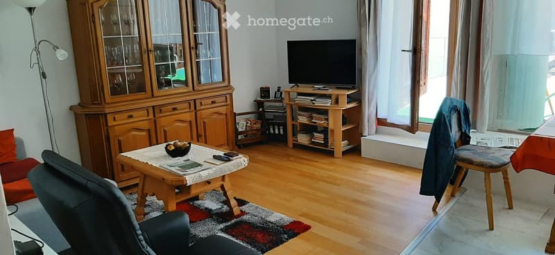 Living room with wooden flooring, a sofa, coffee table, TV, cabinet, and a chair near the window.