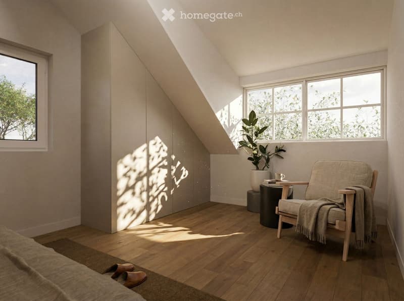 Cozy attic room with wooden floors, large windows, a bed, a chair, a small table with a plant, and a wardrobe.