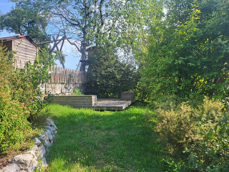 A lush garden area with a wooden platform, stone wall, wooden fence, and climbing tree structure. The space is surrounded by greenery and trees, creating a serene outdoor setting.