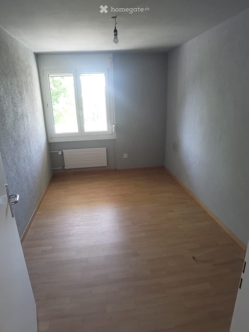 Empty room with light blue walls, wooden flooring, and a single window with white frames. A radiator is mounted on one wall, and a light fixture hangs from the ceiling.